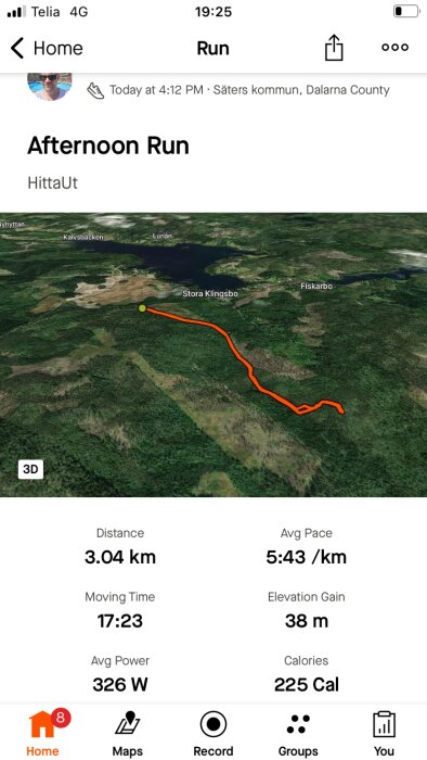 Skärmbild från en träningsapp som visar en löprunda på 3,04 km vid Stora Klingsbo, Dalarnas län med en genomsnittlig fart på 5:43/km och 38 meter höjdökning.