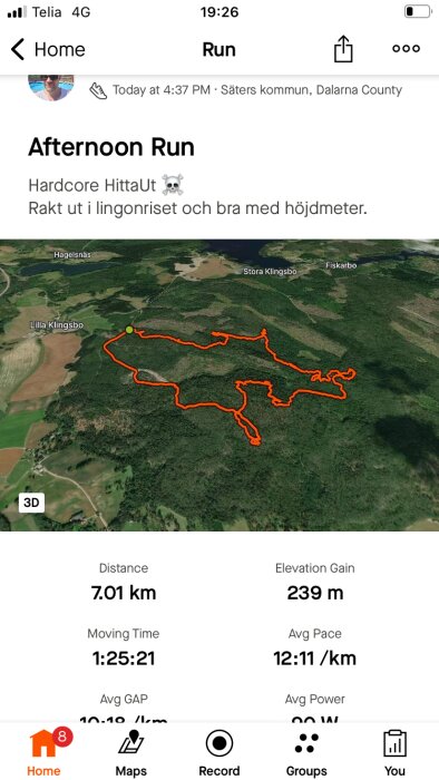 En trailrunning-runda i Säter, Dalarna visas på en karta. Rundan är 7,01 km lång med 239 m höjdskillnad och tog 1:25:21. Trådtiteln är "Afternoon Run".