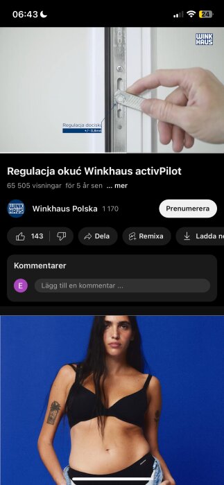 Närbild på en hand som justerar en fönsterbeslag med en nyckel för att öka trycket vid stängning, ur videon "Regulacja okuć Winkhaus activPilot".