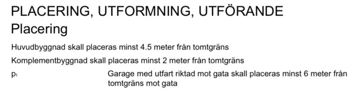 Text från detaljplan med rubriker om placering: Huvudbyggnad minst 4,5 meter från tomtgräns, komplementbyggnad minst 2 meter från tomtgräns, garage minst 6 meter från gata.