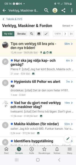 Lista över diskussionstrådar i forumet "Verktyg, Maskiner & Fordon" med den översta tråden fastnålad med rubriken "Tips om verktyg till bra pris - den nya tråden!