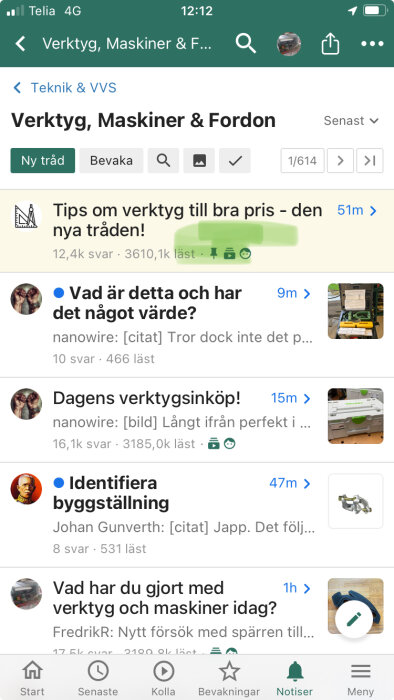 Diskussionsforum om verktyg, maskiner och fordon med pin-markeringar och notifikationer synliga. Tråden "Tips om verktyg till bra pris" är klistrad.