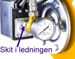 Närbild av en hydroforpump som visar en tryckmätare och ledning, där texten "Skit i ledningen" pekar mot en specifik del av ledningen.