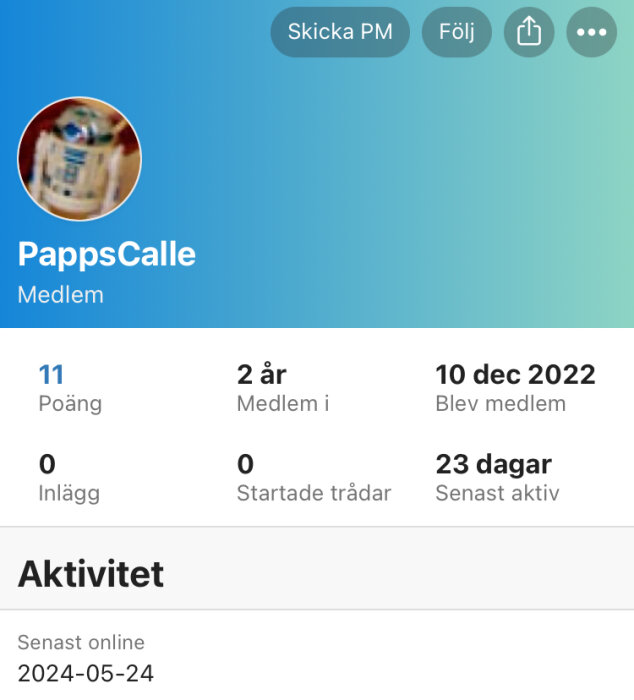 Användarprofil för medlemmen PappsCalle med profilbild, 11 poäng, 2 år medlem, senast aktiv för 23 dagar sedan.