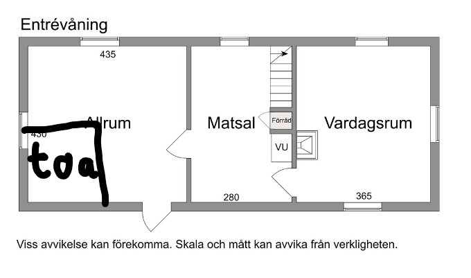 Planskiss över entrévåning med markerad plats för en toalett i ett rum angett som "Allrum".