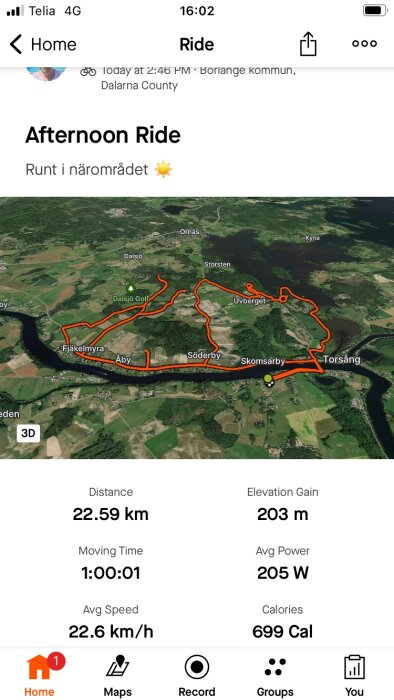 Karta över en cykelrunda vid Borlänge, Dalarna, med start och slutpunkt i Torsång. Rundan är 22,59 km med 203 m höjdskillnad och medelhastighet 22,6 km/h.