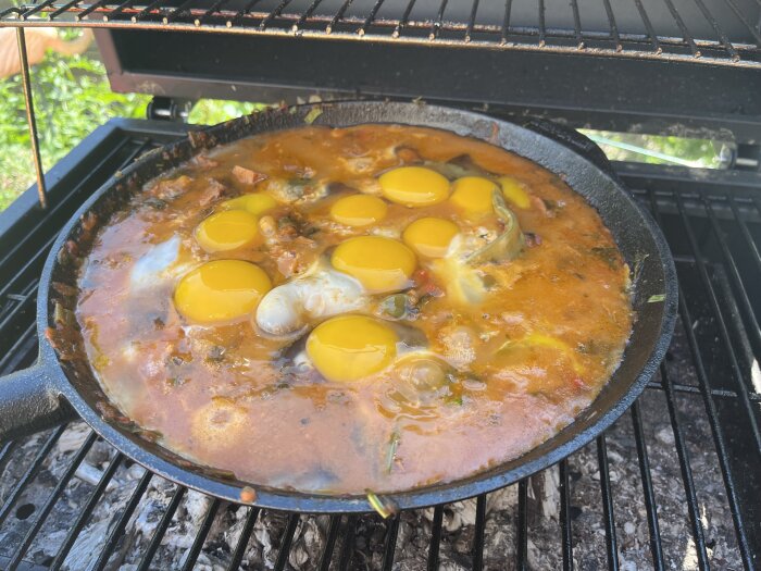 Shakshuka med många ägg kokas i en stor svart stekpanna på grillen, med tomater och örter som bas.