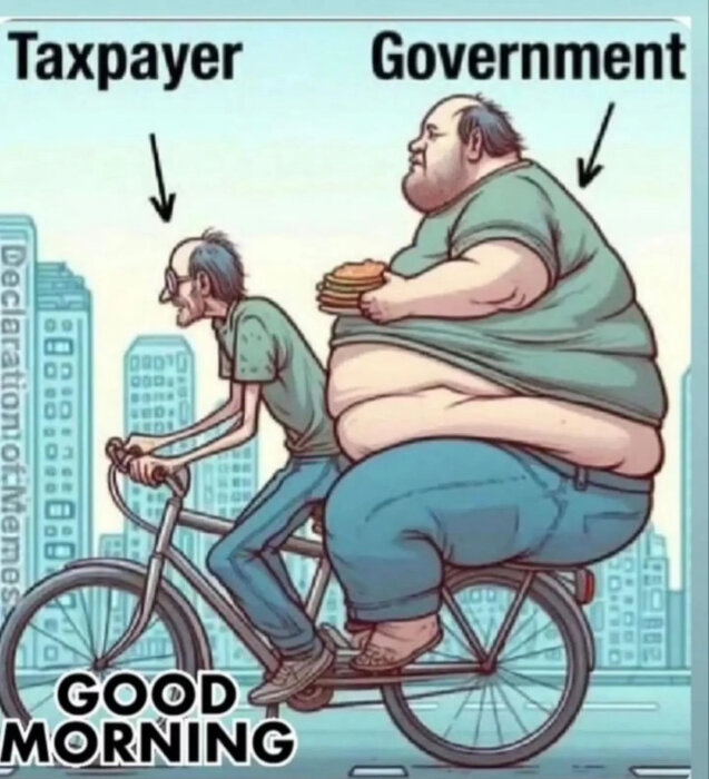 En karikatyr med ordet "Taxpayer" över en mager man som cyklar och "Government" över en stor man som sitter bakpå och äter pancakes. Texten "GOOD MORNING" syns längst ned.