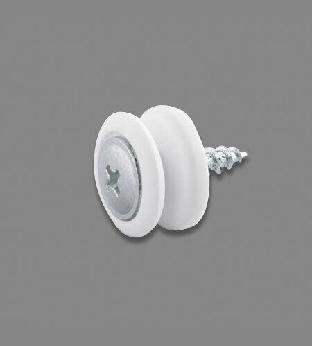 En vit vändknopp med en skruv monterad i mitten.
