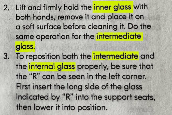 Instruktioner för att ta bort och sätta tillbaka inre och mellanliggande glas med markerade delar i texten.