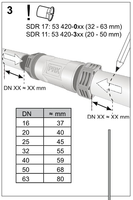 Installationsanvisning för PRK-komponent från IMI, visar montering av rörkoppling med dimensioner och tabell över DN-storlekar och motsvarande mm.