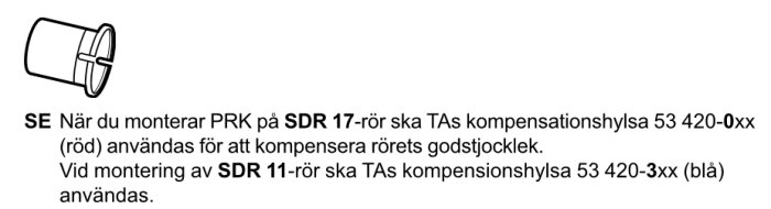 Illustration och textinstruktioner för montering av PRK på SDR-rör (SDR 17 och SDR 11) med kompressionshylsor i olika färger.