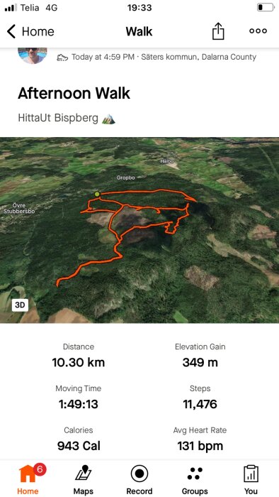 Skärmdump av en träningsapp som visar en eftermiddagspromenad på 10,30 km i Säters kommun, Dalarna, med detaljer om distans, stigning, steg, kalorier, snittpuls och ruttkarta.