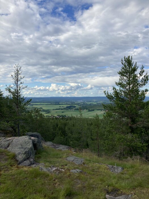 Vy från en klippa med barrträd och grönt landskap i bakgrunden, under en delvis molnig himmel. Landskapet sträcker sig mot horisonten.