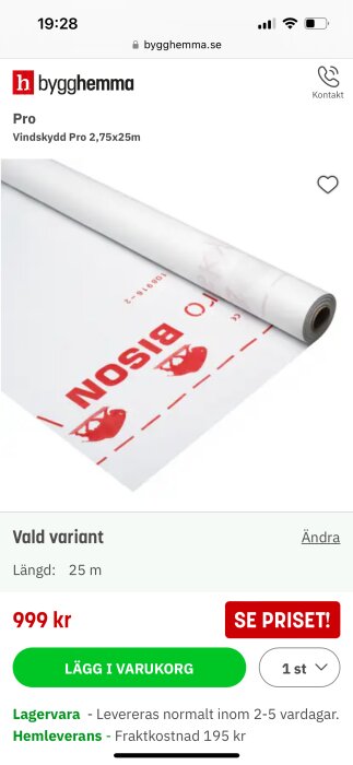 Rulle av vindskyddsmaterial från Bygghemma.se, märkt som Vindskydd Pro 2,75x25m med pris 999 kr och leveransinformation.