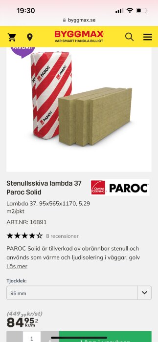 Förpackning och lösa skivor av stenull, Paroc Solid, för värme- och ljudisolering finns tillgängliga på Byggmax. 95 mm tjock, Lambda 37, 5,29 m2/pkt.