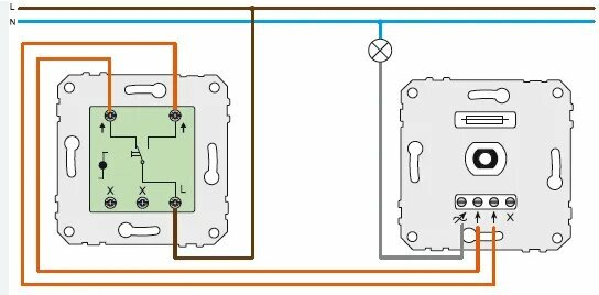 Kopplingsschema för strömställare i sparkopplad trappkoppling med anslutningar för fas, mellantråd och tändtråd, samt belysning.