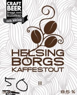 Öletikett för "Helsingborgs Kaffestout" med 8,5 % alkoholhalt, innehåller kaffeillustrationer och texten "Craft Beer Bryggt med kunskap och kärlek" samt diverse symboler.