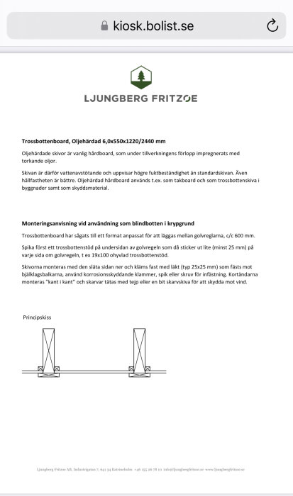 Produktblad från Ljungberg Fritzoe som beskriver trossbottenboard, oljehärdad, med specifikationer och monteringsanvisningar för användning i krypgrund.