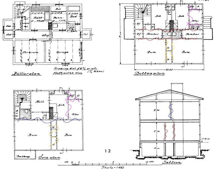 Arkitektritning av ett plankhus från 1938 med röd- och blåmarkerade bärande väggar samt gul- och rosamarkerade väggar på olika våningsplan och sektioner.