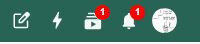 Skärmbild av ikonrad med en penna, blixt, video, klocka och användarikon, där video- och klockikonerna har röd notifieringsprick med siffran 1.