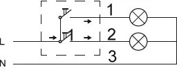 Elschema med tre ledare märkta 1, 2 och 3, två lampor och en strömbrytare. Ledarna ansluter till en L- och N-nivå.