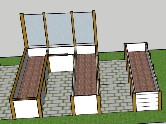 Illustration av en planerad odlingsplats med höjda odlingskragar och trästruktur, placerade på en stenlagd gårdsplan.