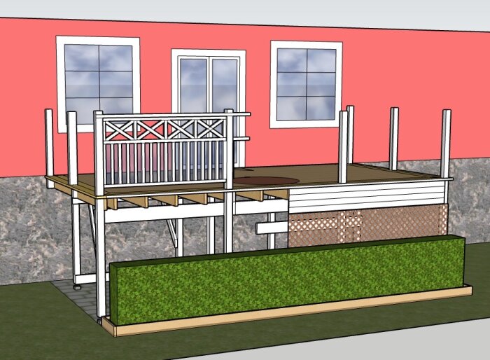 Illustration av en planerad träbalkong med räcke, fäst vid en husfasad. Balkongen är delvis byggd med golvbjälklag och stolpar på betongfundament.