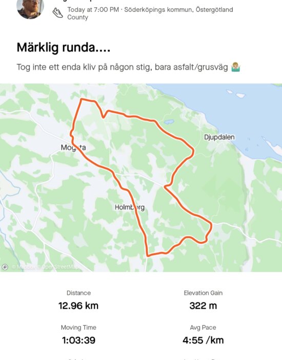 Karta som visar en löprunda på 12,96 km med en höjdökning på 322 m, runt Mogata, Holmberg och Djuptalen i Söderköpings kommun, Östergötland.