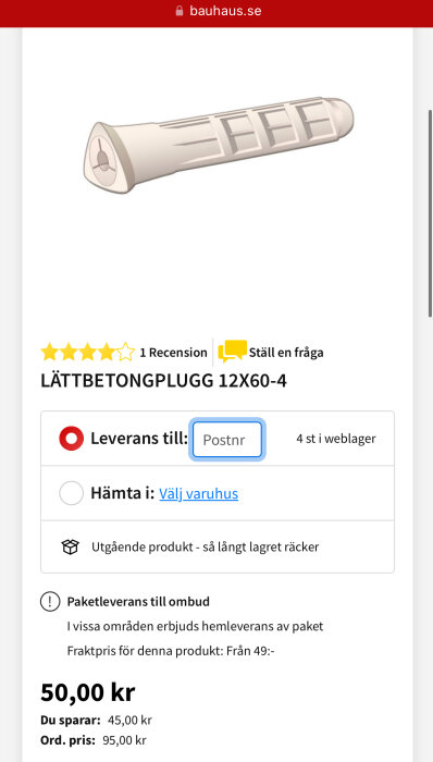 Bild av en trekantig lättbetongplugg 12x60 mm med strukturerad yta, listad på Bauhaus.se. Produkten är för montering i lättbetong.