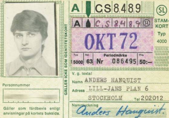 SL-färdbevis från oktober 1972 med foto av en man, periodmärke, personnummer, namn och adress. Kortet kostade 50 kr.