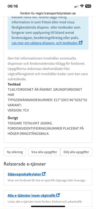 Skärmbild av ett registreringsbevis från Transportstyrelsen med textkod T14G som visar ändring av totalvikt till 2600 kg samt relaterade e-tjänster.