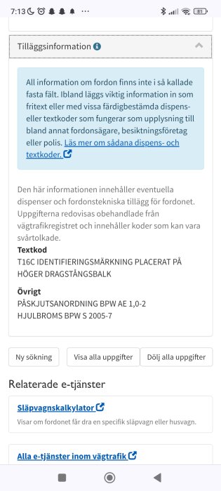 Mitt släp Tiab från -99 med fordonsinformation på webbsida, inkluderar textkod, tekniska tillägg, och länkar till relaterade e-tjänster som släpvagnskalkylator.