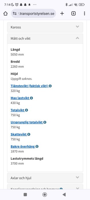 Skärmdump från Transportstyrelsen med specifikationer för ett Tiab-släp från 1999: längd 5050 mm, bredd 2260 mm, max lastvikt 430 kg, totalvikt 750 kg.