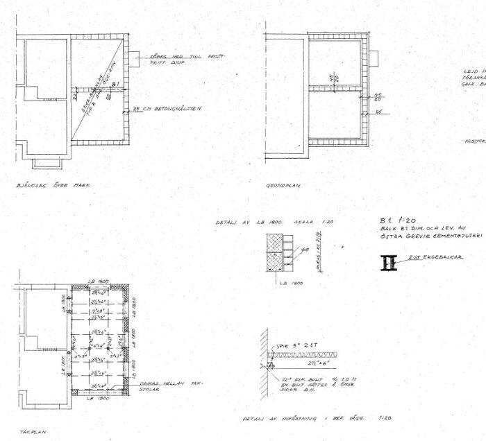 Arkitektritning som visar planritningar och detaljer för en bostadstilläggning, inklusive grundplan med betonggolv och sektioner för krypgrund eller källarutrymme.