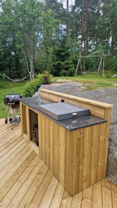 Utomhuskök med en häll från IKEA täckt med ett vattentätt lock, belägen på en altan byggd av trä, med grill och skog i bakgrunden.
