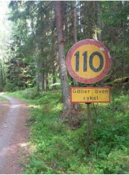 En hastighetsskylt i skogen som visar "110" med en tilläggsskylt som säger "Gäller även cykel".