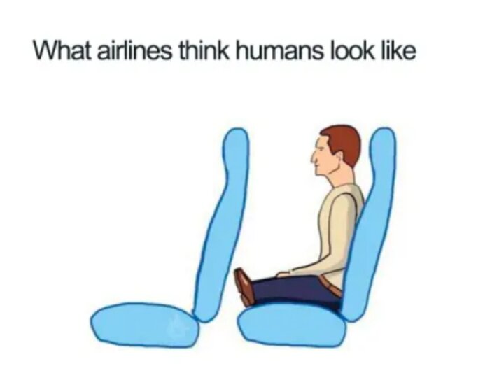 Tecknad bild av en person som sitter i ett flygplanssäte med extremt lite benutrymme, med texten "What airlines think humans look like".