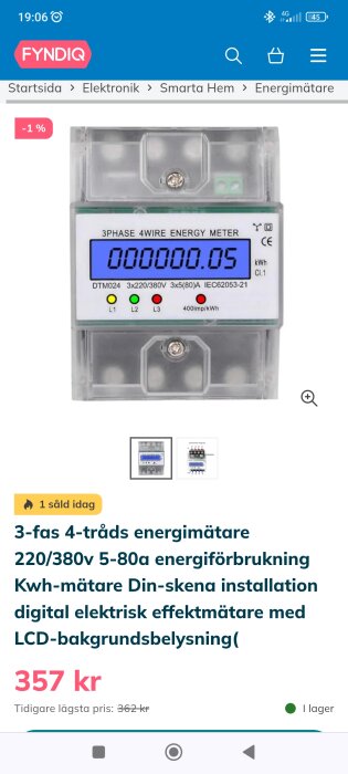 Digital elmätare med LCD-skärm för 3-fas, 220/380V, 5-80A, säljs på Fyndiq för 357 kr.