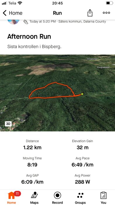 Satellitbild av en löprunda i Bispberg med en 1,22 km sträcka markerad i orange linje, detaljer om distans, tid och höjdökning visas nedanför.