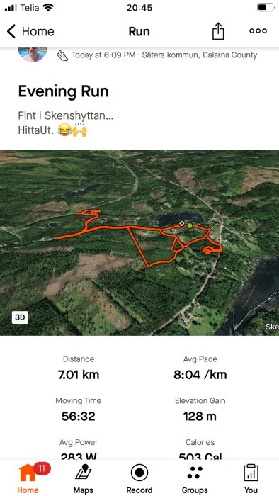 En skärmdump från en träningsapp som visar en löprunda i Skensthyttan på en 3D-karta med sammanfattning av distans, tid, tempo, höjdökning och brända kalorier.