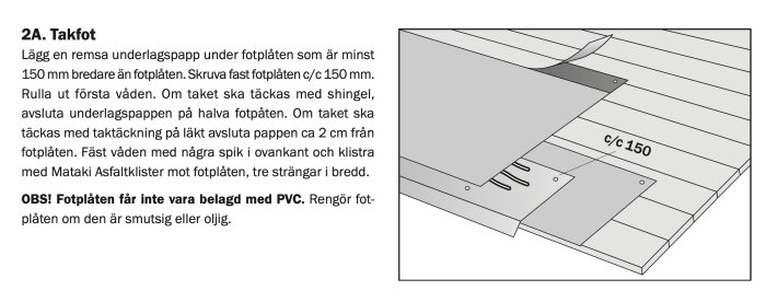 Illustration av Mataki YAM 2000 underlagspapp som visar korrekt placering och fastsättning av fotplåt. Texten beskriver steg-för-steg-instruktioner.