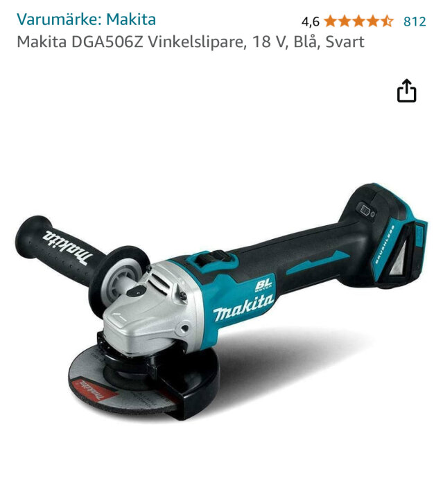 Makita DGA506Z vinkelslipare, 18V, blå och svart, med gummibelagt handtag och betyg 4,6 från 812 omdömen, visas på vit bakgrund.