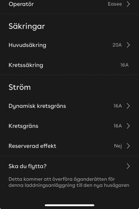 Inställningsmeny för elsystem, med sektioner för operatörsval, huvudsäkring (20A) och kretsäkring (16A), samt ström, dynamisk kretsgräns (16A) och flyttinformation.