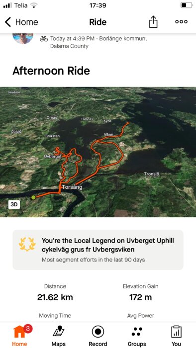 Satellitkarta visar cykelrutt nära Borlänge i Dalarna med start och slut i Torsång, totalt 21.62 km och 172 m höjdökning, användaren är “Local Legend” på ett segment.