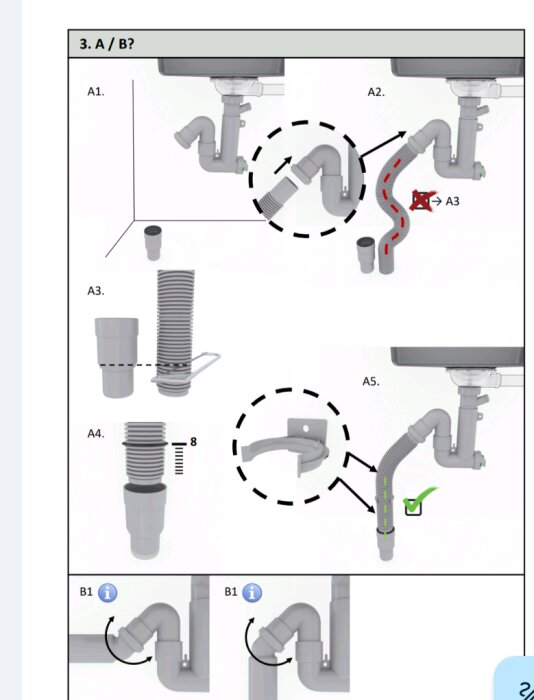 Instruktionsbild som visar rätt och fel sätt att installera en vattenslang under ett handfat, inklusive att räta ut en böjd slang.