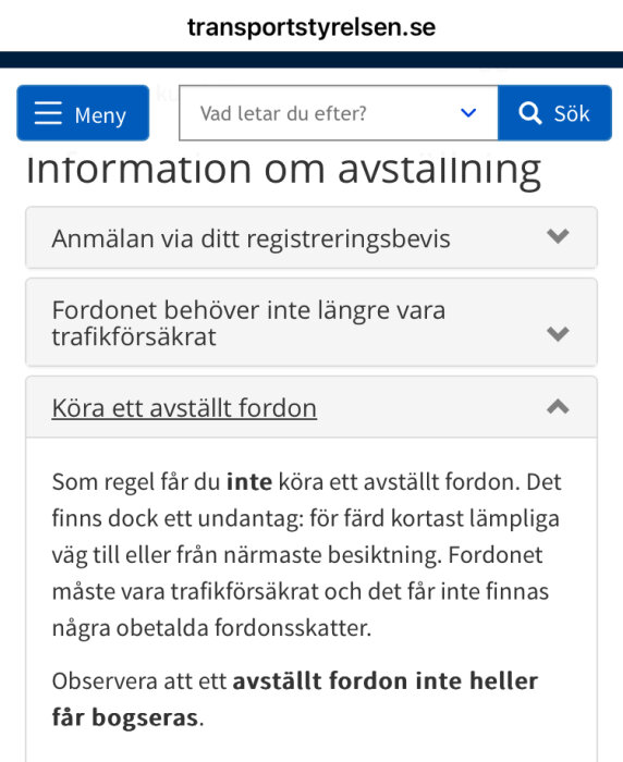 Webbsida från Transportstyrelsen med rubriken "Information om avställning". Texten inkluderar regler för körning och bogsering av avställda fordon.