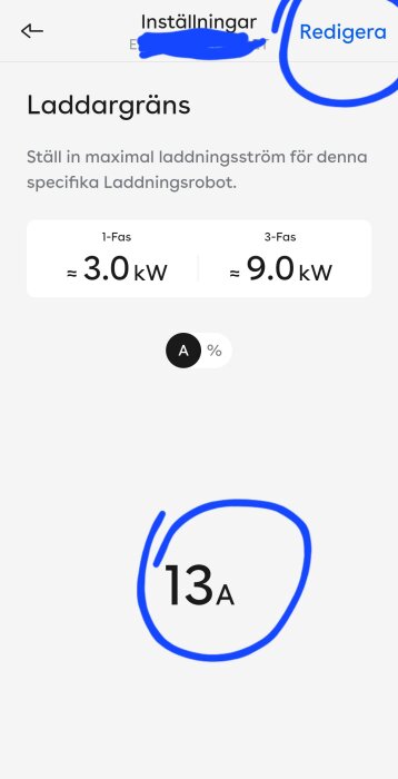 Inställningssida för laddningsrobot med markerad laddeffekt vid 13A, med 1-Fas vid ≈ 3.0 kW och 3-Fas vid ≈ 9.0 kW.