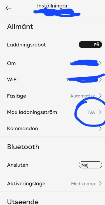 Inställningsmeny som visar max laddningsström inställd på 13A, markerad med en blå cirkel.