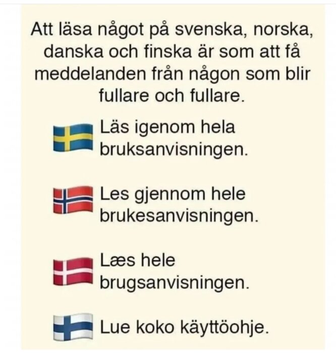 Text i bilden säger att läsa på svenska, norska, danska och finska är som att få meddelanden från någon som blir fullare och fullare, följt av exempel på dessa språk.